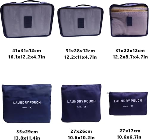 Image of Travel Organizer Pouch Set of 6, Space Saver Packing Cubes for Suitcase, Clothes, Underwear, Socks and Shoes (Dark Blue)