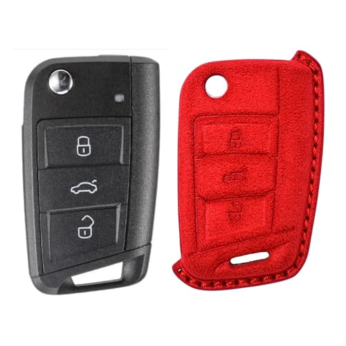 Image of KMH Alcantara Car Key Cover Compatible with Volkswagen Polo Vento Jetta Ameo Passat and Skoda Rapid Laura Superb Octavia Fabia Yeti 3 Button Shell Case Holder Smart Keycover (D1) Red - Pack of 1