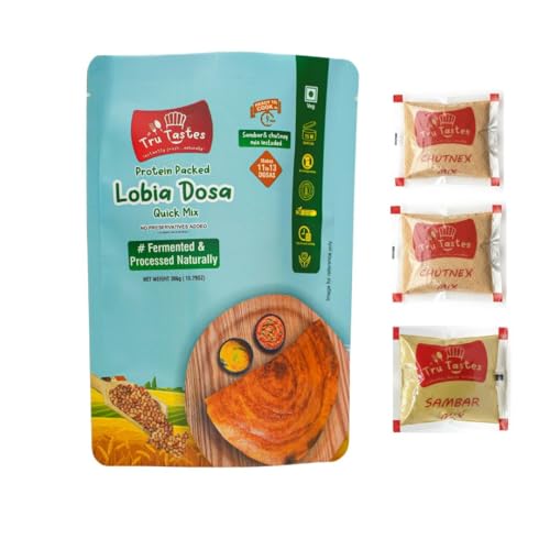 Image of Tru Tastes Lobia Dosa Quick Mix with Sambar,Chutney and Penut Chutney, Fermented and Processed Naturally, Complete Breakfast Kit, Can Make 13 Dosas