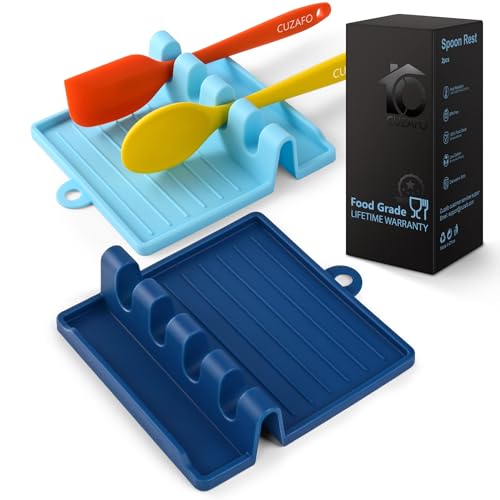 CUZAFO 2-PACK 600°F Heat Resistant Silicone Spoon Rest, Multiple Utensil Rest, BPA Free Easy to Clean Dishwasher Safe, Blue (Deep+Light)