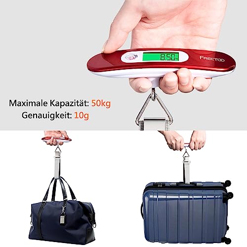[Digitale Kofferwaage] FREETOO Gepäckwaage tragbare Hängewaage LCD-Anzeige mit Hintergrundbeleuchtung Tara-Funktion praktisch für Reisen/Familienleben bis 50KG (Rot) 2