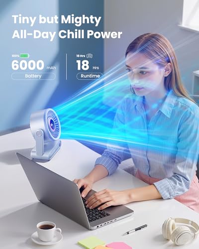 Image of Gaiatop Portable Quiet Desk Fan, 6000mAh Rechargeable Battery Fan with RGB Ring, 18Hrs Runtime, 5-Speed Strong Wind, Bedroom Office Desk Accessories, Gifts for Women Girls Mom (Blue)