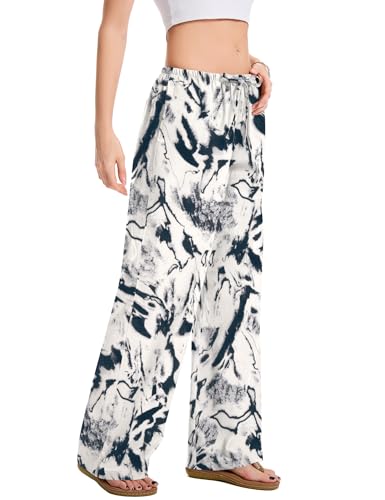 AKEWEI Women Casual Summer Palazzo Pants Drawstring Waist Wide Leg Lightweight Beach Trousers with Pockets4