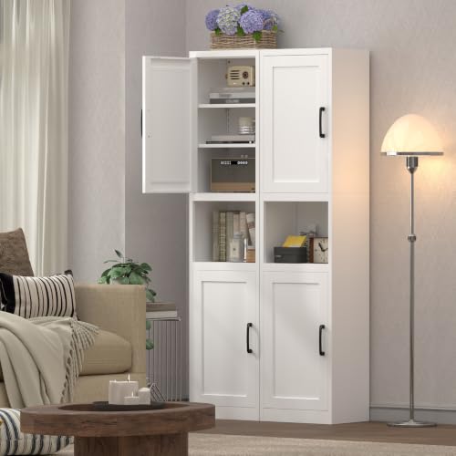 Image of Bathroom Storage Cabinet, White Cabinet with Shelves and Doors, Narrow Storage for Laundry, Tall Cupboard for Kitchen