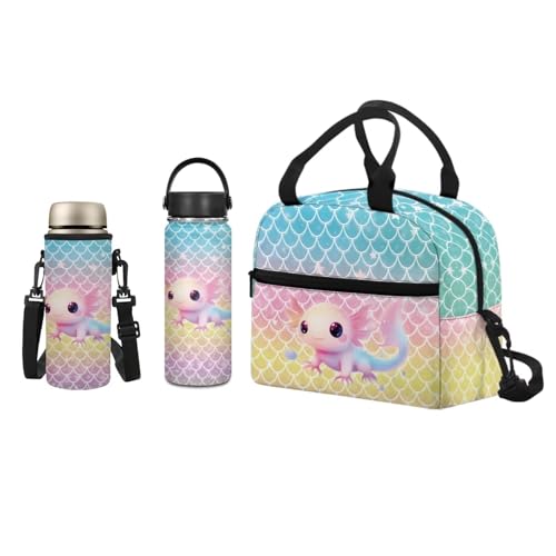 ZUXONGSY Gradient Lunch Box for Girls 10-12 Stainless Steel Kids Water Bottle for School 3 Piece Set Axolotl Water Bottle Holder with Strap Reusable Insulated Food Storage Container for Picnic