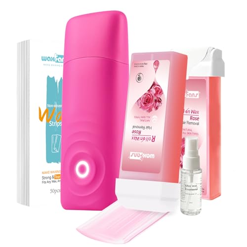Waxfans Roll On Wax Kit for Women Roll on Wax Kit- Easy to Use - At-Home Hair Removal for Body (Arms & Legs) with 2 Rose Wax Roller Cartridges & 50 Strips(Red)