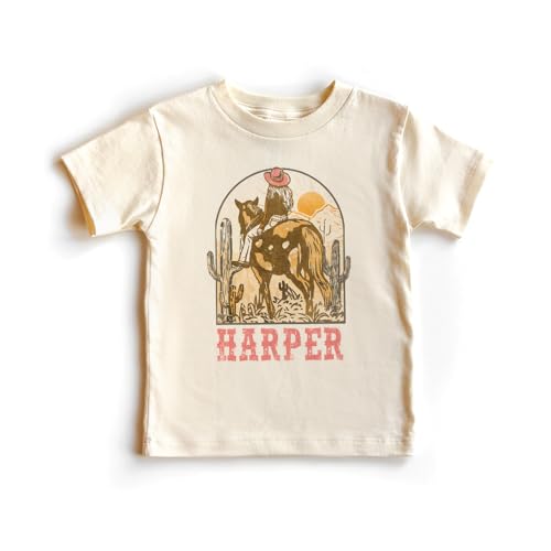 Personalized Girls Pink Cowgirl Shirt - Cute Custom Horse Western Aesthetic Birthday Top - Natural Toddler Youth Tee