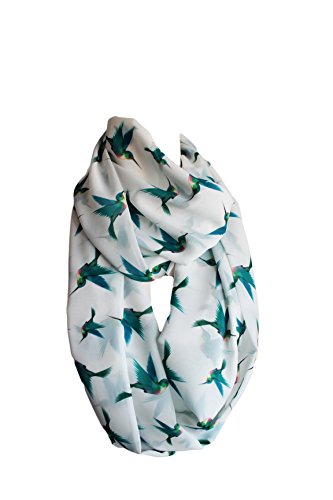 Etwoa's Teal Blue Birds Pattern Infinity Scarf, White, 32" x 12.6", Women's Fashion Scarf3