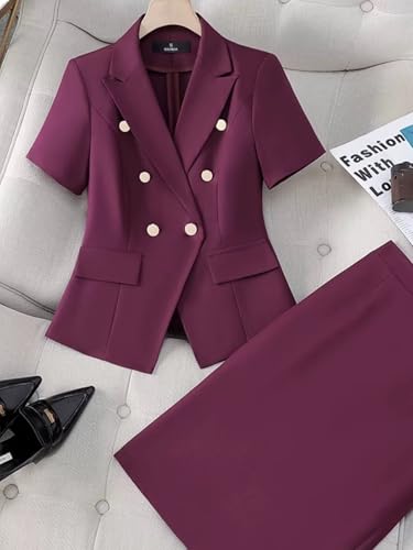 Women's Suit 2 PC Blazer Suit Short Sleeve Slim Fit Formal Suit Double Breasted Skirt Suit Fashion Summer Office Suit4