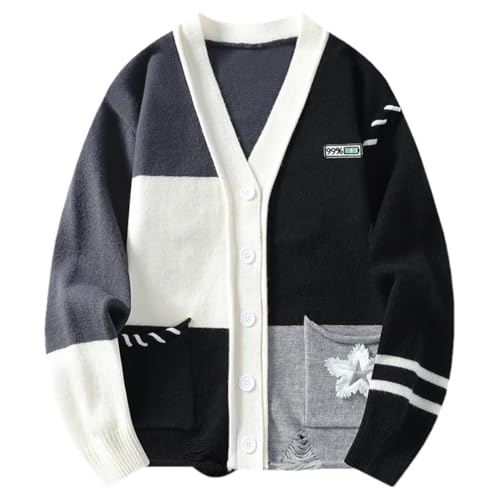 Men’S Thick Patchwork Knitted Cardigan V-Neck Long Sleeve Single Breasted Japanese Style Warm Sweater