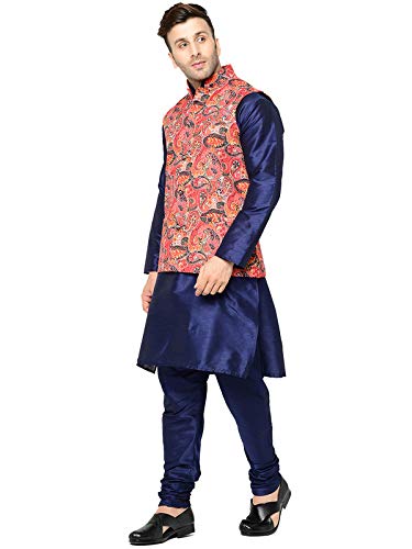 Image of SAIFOO Men's Silk Navy Blue Kurta Pyjama & Printed Nehru Jacket