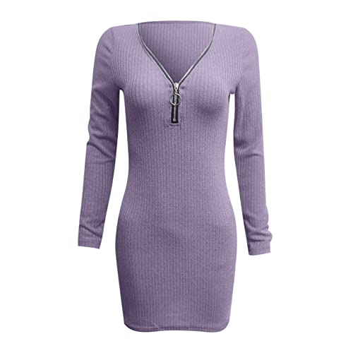 Wickelkleid Damen Elegant Langarm Kleid Winter Damen Strick Pullikleid Bodycon Kurze Minikleid V-Ausschnitt Mit Reißverschluss Strickkleid Sexy...