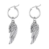 Pendientes plateados con diseño de alas de ángel con grabado de rosa.