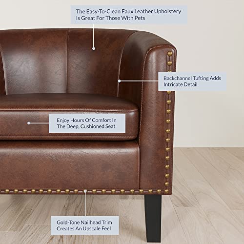 Image of BELLEZE Accent Barrel Chair, Set of 2 Modern Faux Leather Tub Club Chair Upholstered Armchair with Gold Nail Head Trim and Black Legs for Living Room Bedroom Apartment Lounge - Brown