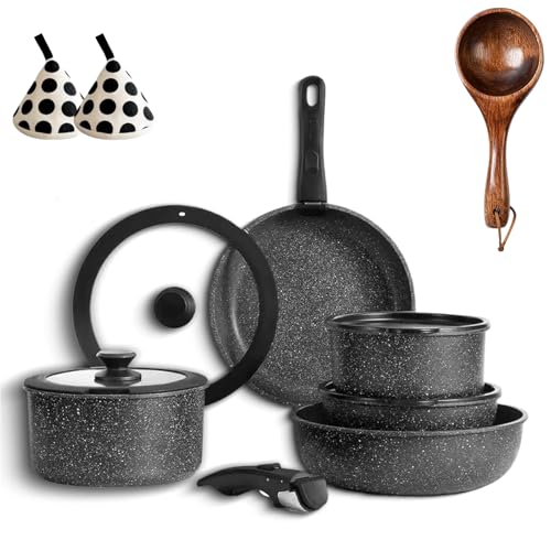 Gourmetific Cookware Set, Gourmetific Cookware Set Stackables With Removable Handle, 5/9/11/15 Piece Cookware Detachable Handle Set, Easily Clean, with Detachable Handle (Black,9PCS)