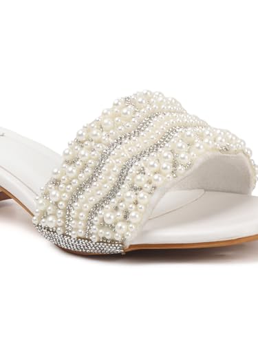 Image of ELLE Women's Elegant Pearl Sandal Beaded Low Heel Sandals for Special Occasions