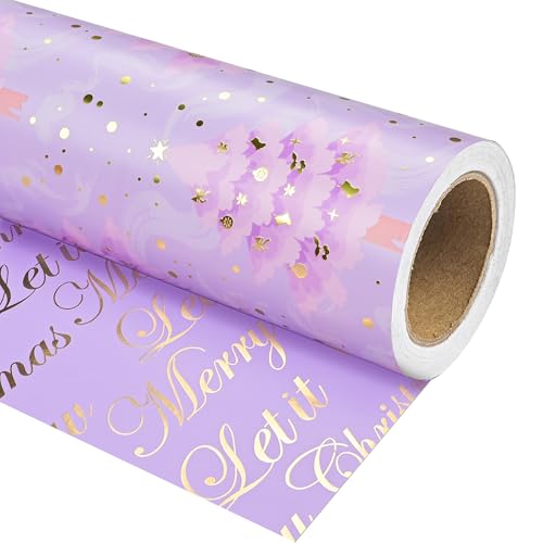 Dlyrroba Reversible Purple Christmas Wrapping Paper Roll - Watercolor Purple Gold Xmas Metallic Foil Gift Wrap with Trees Merry Christmas Litttering for Holiday Winter Parties - 17in X 16.5ft