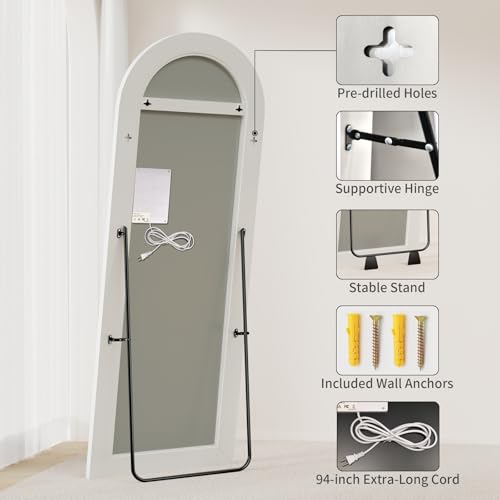 Image of Koonmi LED Arched Full Length Mirror, 65 inchx24 inch Full Length Mirror with Lights, Lighted Floor Mirrors with Stand, Full Body Mirrors with Dimming & 3 Color Lightingfor Living Room Cloakroom, White