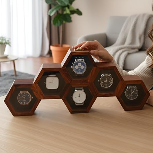 Image of Vintage Wooden Watch Box for Men, Timepiece Display Case, Honeycomb Watch Storage & Organizer, Jewlery Box for Women, Anniversary Gift For Husband (6 Compartments)
