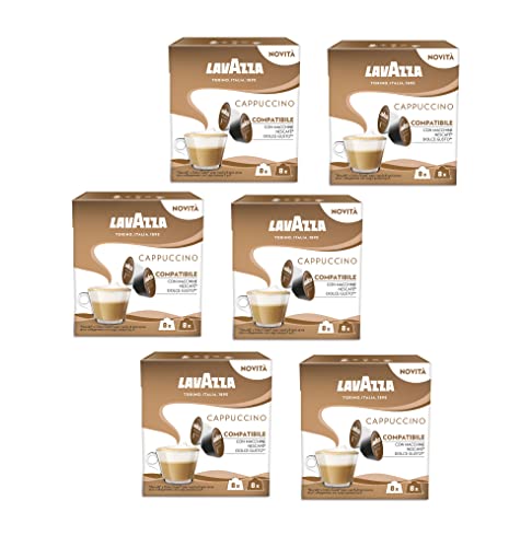 Lavazza, Cappuccino, 96 Capsule Compatibili con Macchine Nescafé Dolce Gusto, Ideali per una Colazione Delicata e Morbida, con Note Aromatiche di Frutta Secca, 6 Confezioni da 8+8 Capsule