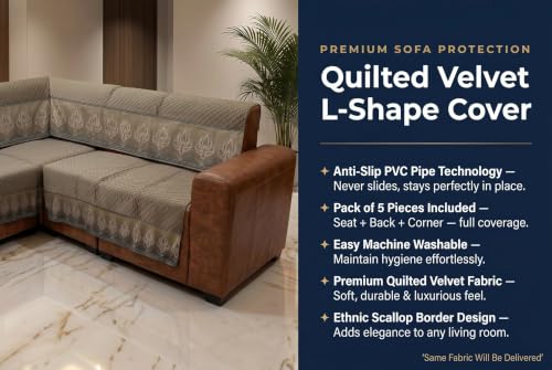 Image of KINGLY L-Shape Sofa Cover 5 Seater 3+2 Velvet Full Cover - Italian Mousse | Fully covered quilted velvet slipcover, washable anti-slip furniture protector, L-type corner sofa cover for living room