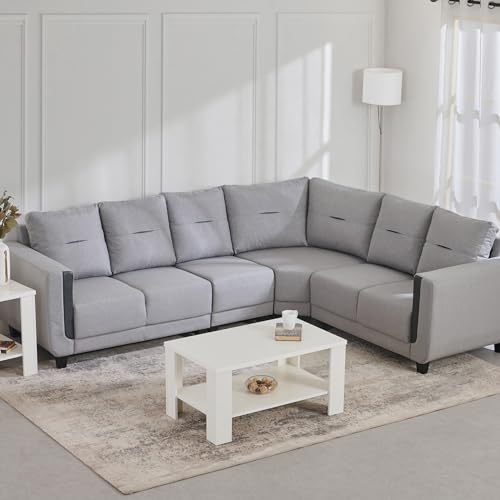 Home Centre | Berry Fabric 6-Seater Corner Sofa | Sofa Set for Living Room | Solid Wood | Grey | 2 Year Warranty
