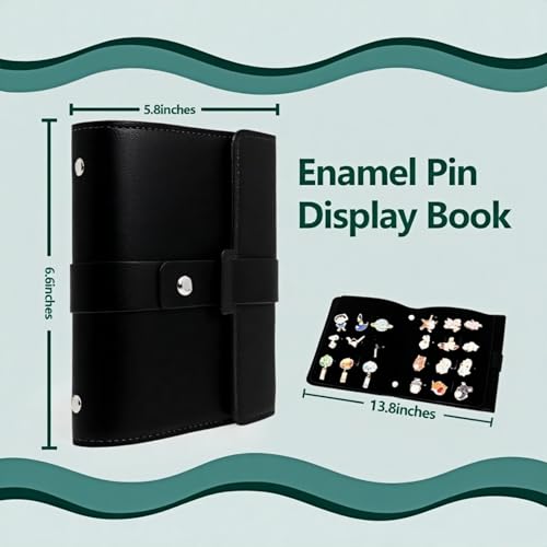 Image of Enamel Pin Display Book - 4 Page Leather Travel Organizer for Collectors, Portable Lapel Pin Holder with Secure Storage, Compact Pin Trading Book (Black)