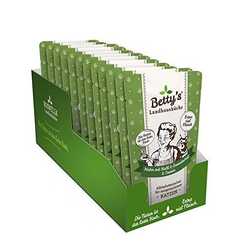 Betty's lanthus kök färska påsar pouches våtfoder katt, kyckling & kalv med gurkörsolja 12 x 100 g, spannmålsfri, bästa kvalitet, högkvalitativt kött, skonsamt kokt, hög biotillgänglighet