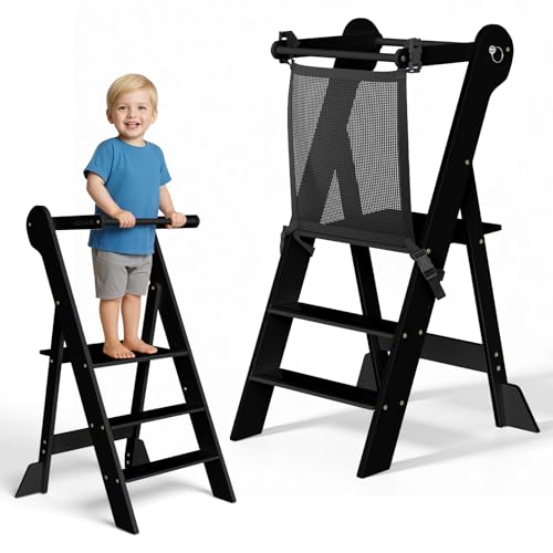 COSYLAND Torre de Aprendizaje Plegable de Madera - 2 Alturas Ajustables, para Niños de 18 Meses a 6 Años, Uso en Cocina, Baño o Habitación Infantil - Negro