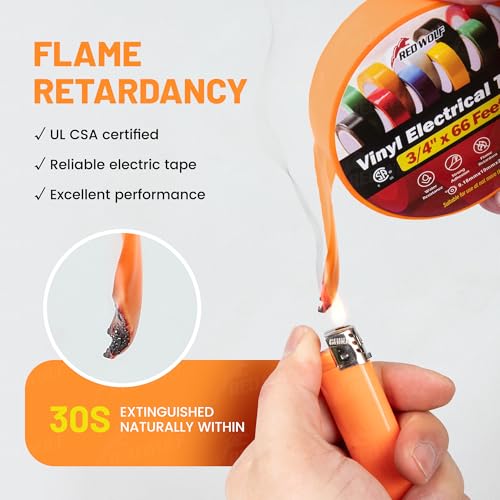 Image of RED WOLF 5 Pack Orange Electrical Tape 3 /4 Inch x 66 Ft Industrial Grade UL /CSA Listed 7 Mil Thick Flame Retardant High Temp Waterproof Electrical PVC Tape Electric Super Vinyl Rated 600V
