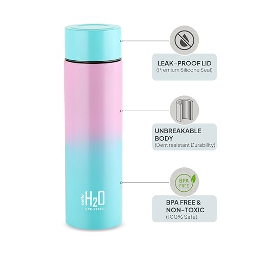Image of CELLO H2O Luma Stainless Steel Water Bottle For Office Use 1000 ml, Baby Pink Blue | Single Wall Freezer & Fridge Safe, Lightweight & Stylish Leakproof Rustproof Steel Water Bottle For Kids & Travel