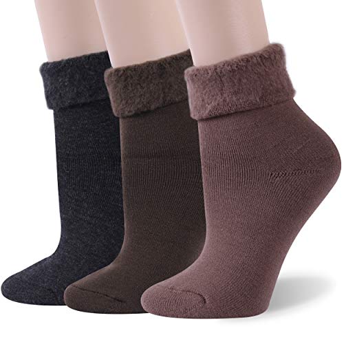diwollsam Heavy Thermal Insulated Socks, Womens Girls 3 Pairs Warm Socks Thick Heat Trapping Boot Slipper Outdoor Crazy Warm Fuzzy Soft Lined Turn Cuff Casual Home Slipper Socks, S