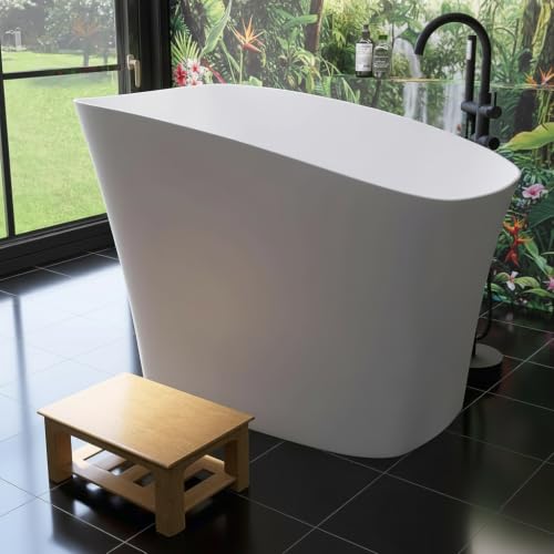 Image of 51 '' Stone Resin Janpanese Soaking Tub, Freestanding Deep Soaking Bathtub with Seat Desgin,Toe-tap Chrome Right Drain, Slotted Overflow Matte White