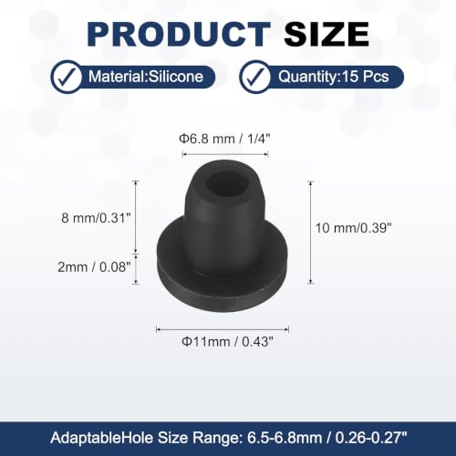 Image of MECCANIXITY 15pcs T-Shaped Silicone Plugs 6.8mm 1 /4 Inch Dia Snap in Plug Hole Seal Cover Round Rubber Stopper for 6.5-6.8mm Holes Kitchen Rubber Bulkheads Waterproof Sealing, Black