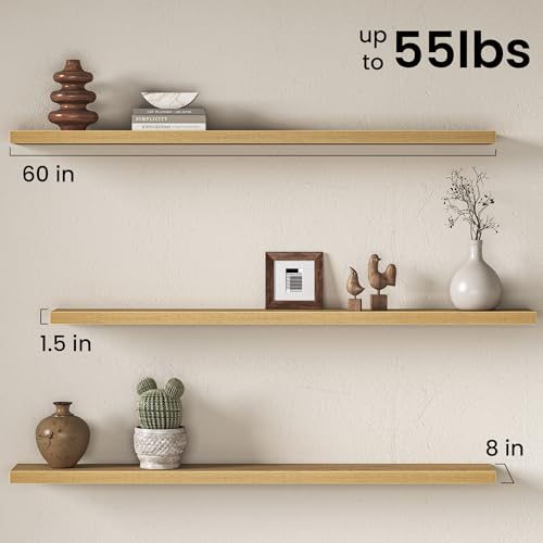 Image of Fun Memories 60Inch Long Floating Shelves, 8 Inch Deep Shelves for Bedroom|Living Room, Wall Mounted Wood Hanging Shelf with Invisible Brackets for Fireplace Mantel Home Storage Decor, Oak - 1 Pack