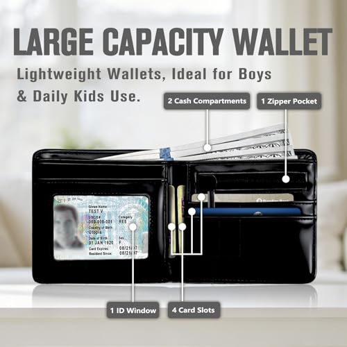 Image of Kids Wallet for Boys, Cool Wallets for Teen Son Ages 4 5 6 7 8 9 10 11 12 13 14 15 16, Leather Bifold Purse with Coin Pocket ID Window, Christmas Birthday Gift for Kid Men Boy Youth Guys