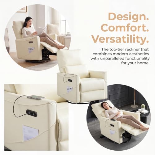 Image of Leather Power Swivel Rocking Recliner Chair, Electric Lazy Boy Reclining with Home Theater Seating, 360 Swivel Oversized Recliner Chair for Living Room, Bedroom, Reading, Beige