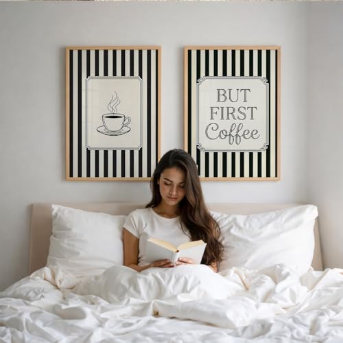 Image of Suneree But First Coffee Wall Art Set of 2 Framed Paintings | Black White Striped Coffee Poster Kitchen Cafe Decor | Home Office Wall Decor (Art 9, 10x13 Inches)