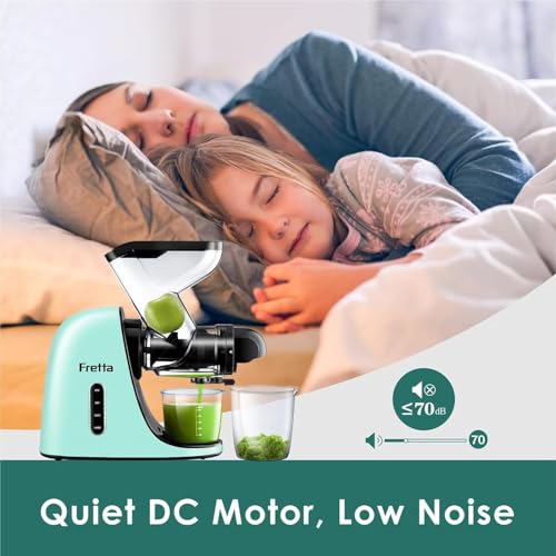 Image of Fretta Juicer Machines, Cold Press Juicer, BPA Free Masticating Juicer Machines Vegetable and Fruit, 3-Inch Wide Feeding Chute, Easy to Clean,Quiet and Strong DC Power, 200W (Light Blue)