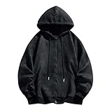 Men's Fleece Full-Zip Acid Wash Hoodie Sweatshirt Vintage Oversized Casual Suede Fall Jacket Hooded Streetwear Black