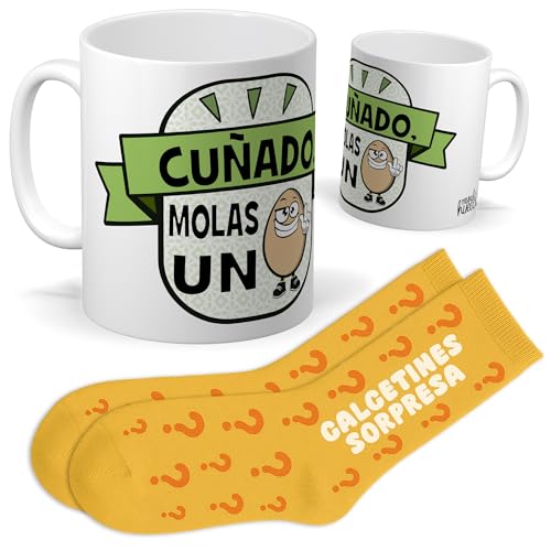 Set para Cuñado | Taza cuñado mola un huevo + Calcetines Sorpresa | Regalo Original y Divertido para Hombre | Idea de regalo en Cumpleaños, Navidad, Familiares y Detalles Graciosos Set para Cuñado | Taza cuñado mola un huevo + Calcetines Sorpresa | Regalo Original y Divertido para Hombre | Idea de regalo en Cumpleaños, Navidad, Familiares y Detalles Graciosos