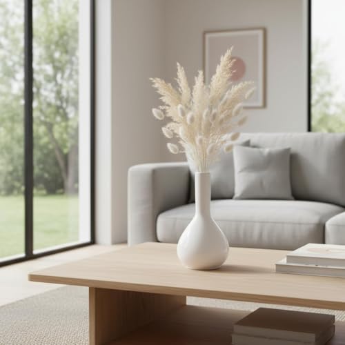 Image of PUREZENTO Raindrop White Ceramic Bud Vase 5.31 Inch - Set of 1 | Glossy White Decorative Bud Vase for Dried Flowers & Pampas Grass | Vases for Modern Home Decor, Living Room, Office Decor & Gifting