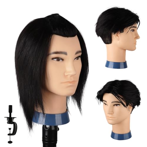 DaizySight Tete a Coiffer Professionnel Homme, Tete Maleable Coiffure avec 100% Cheveux Naturels Humains, Tête D’exercice Mannequin Poupée avec Support de...