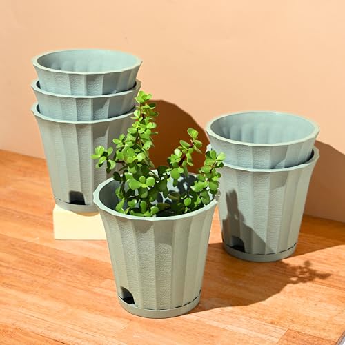 Image of Eha Earth Friendly Ace 7 inch Small Self Watering Pots for Indoor Plants | Set of 6 | Plant Pot Made with Bamboo Fibers | Table Top Planters for Home Decor, Flower Pot for Living Room | Celeste