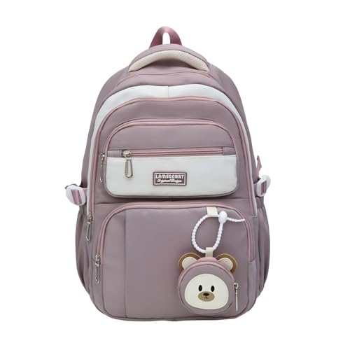 Multi-Pocket Laptop Backpack Large Capacity Work & Travel Suitcase Strap & Bear Charm, Gift for Friend (light purple)