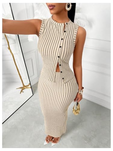 SOLY HUX Women's 2 Piece Business Casual Outfits Striped Button Up Vest and Bodycon Maxi Skirt Set4