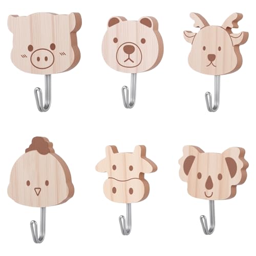 DOPENSPI Lot de 6 patères murales en bois, en forme d'animaux mignons, autocollantes, pour...