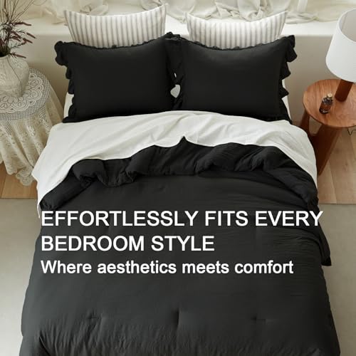 Image of Black Ruffle Comforter Set King, Pre-Washed Shabby Chic Bedding Set, Lightweight Cottagecore Soft Romantic Cozy 1 Comforter & 2 Shams, All-Season