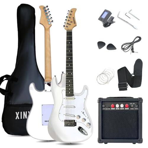 XINYAN 39in Full Size Beginner Electric Guitar Starter Kit w/Case, Strap, 20W Amp, Strings, Pick, Tremolo Bar (White Guitar)