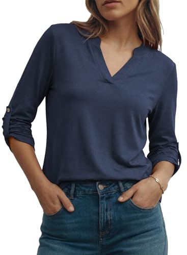 Image of Dokotoo Womens Tops Plaid Cotton Cuffed 3 /4 Sleeve Shirts Blouses